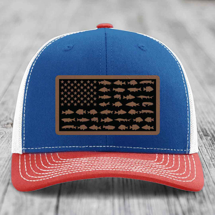 American Flag Freshwater Fish - Leather Patch Hat - Dark Brown to Black Patch - Richardson 112 Snapback Trucker Hat