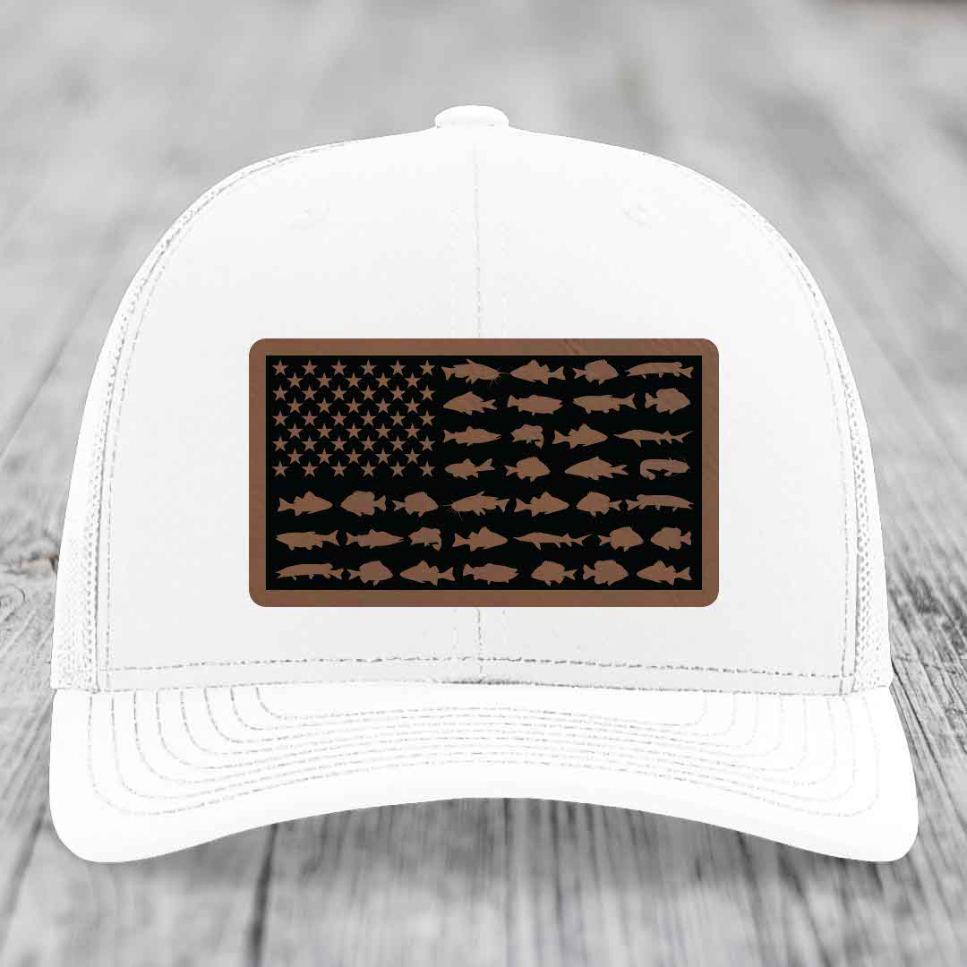 American Flag Freshwater Fish - Leather Patch Hat - Dark Brown to Black Patch - Richardson 112 Snapback Trucker Hat