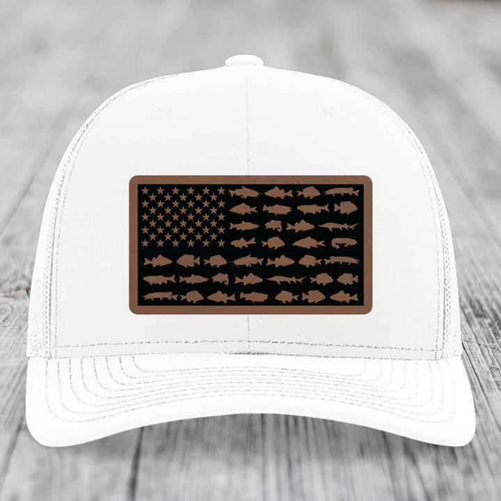 American Flag Freshwater Fish - Leather Patch Hat - Dark Brown to Black Patch - Richardson 112 Snapback Trucker Hat