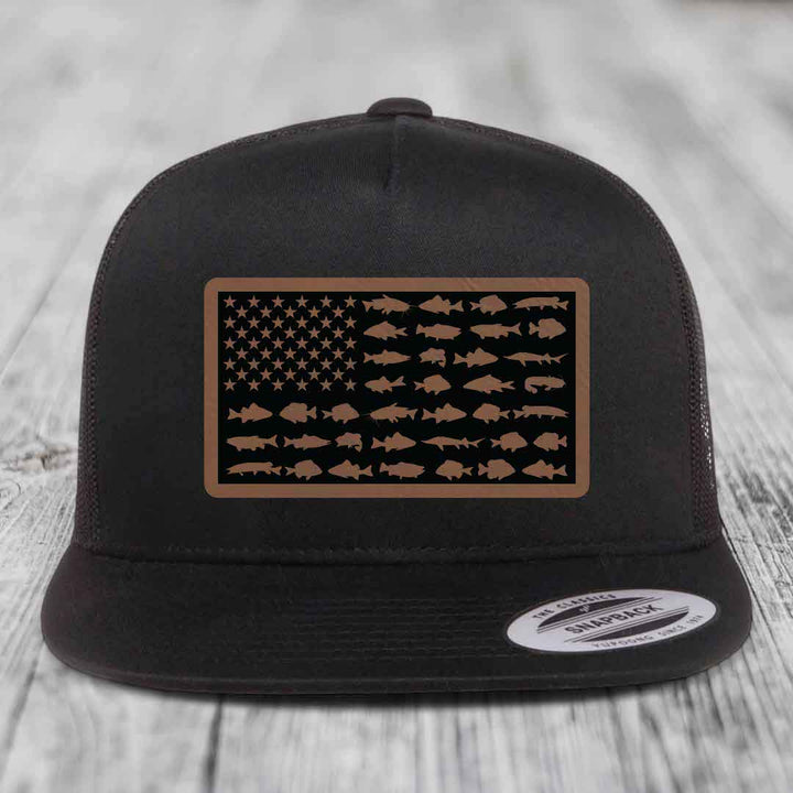 American Flag Freshwater Fish - Leather Patch Hat - Dark Brown to Black Patch - Yupoong 6006 Snapback Flatbill Hat