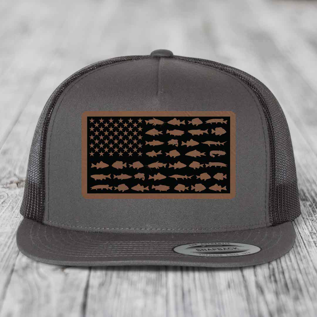 American Flag Freshwater Fish - Leather Patch Hat - Dark Brown to Black Patch - Yupoong 6006 Snapback Flatbill Hat