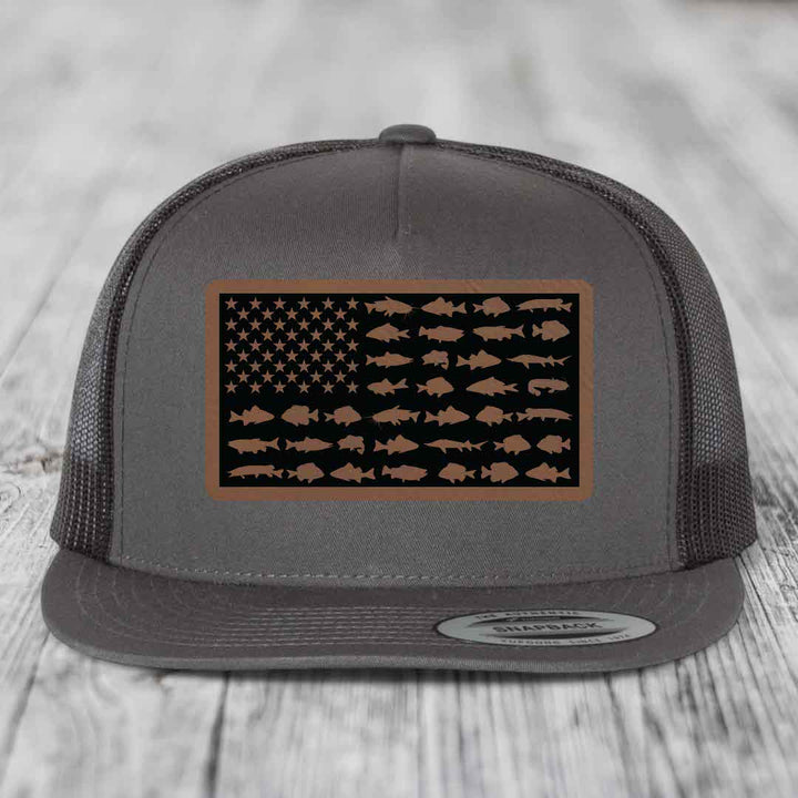 American Flag Freshwater Fish - Leather Patch Hat - Dark Brown to Black Patch - Yupoong 6006 Snapback Flatbill Hat