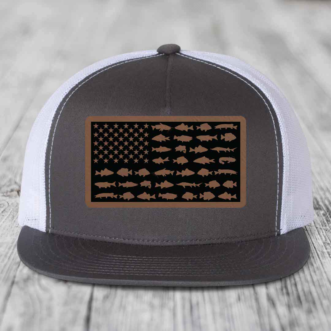American Flag Freshwater Fish - Leather Patch Hat - Dark Brown to Black Patch - Yupoong 6006 Snapback Flatbill Hat