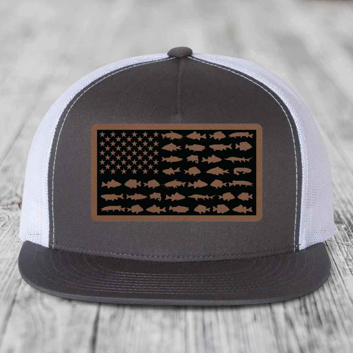 American Flag Freshwater Fish - Leather Patch Hat - Dark Brown to Black Patch - Yupoong 6006 Snapback Flatbill Hat