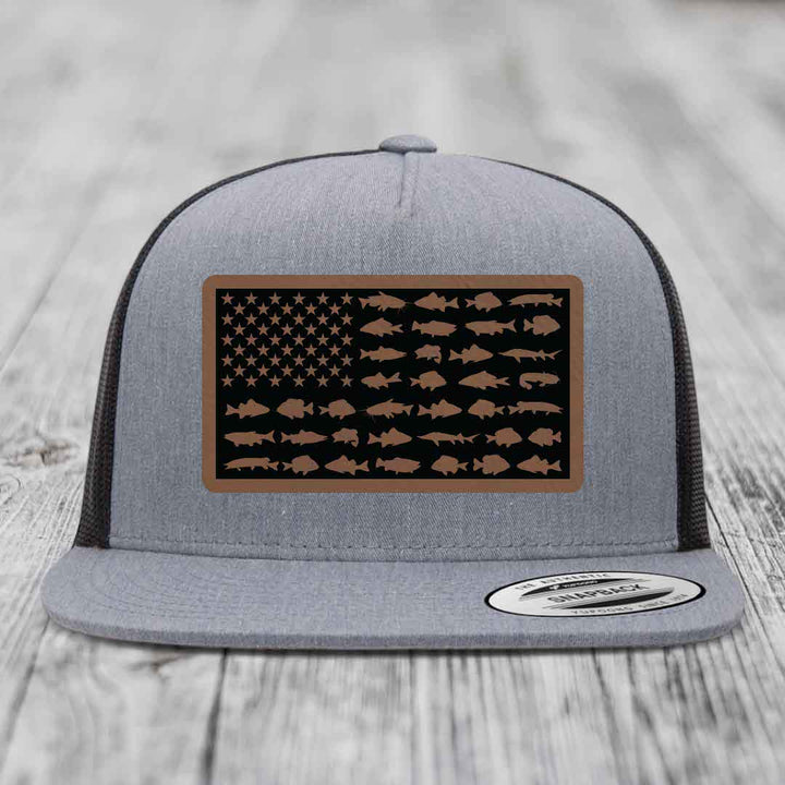 American Flag Freshwater Fish - Leather Patch Hat - Dark Brown to Black Patch - Yupoong 6006 Snapback Flatbill Hat
