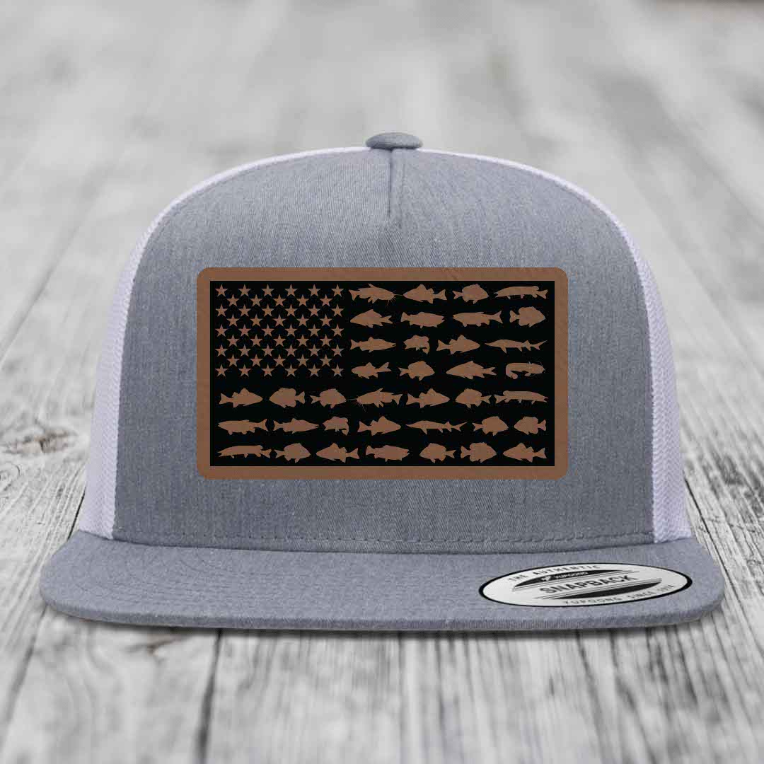 American Flag Freshwater Fish - Leather Patch Hat - Dark Brown to Black Patch - Yupoong 6006 Snapback Flatbill Hat