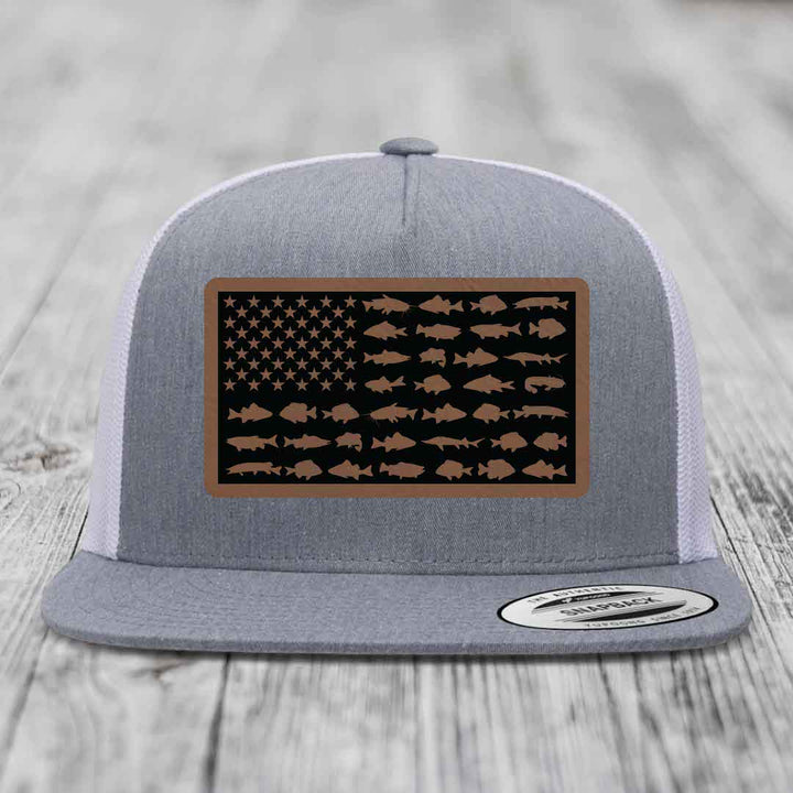 American Flag Freshwater Fish - Leather Patch Hat - Dark Brown to Black Patch - Yupoong 6006 Snapback Flatbill Hat