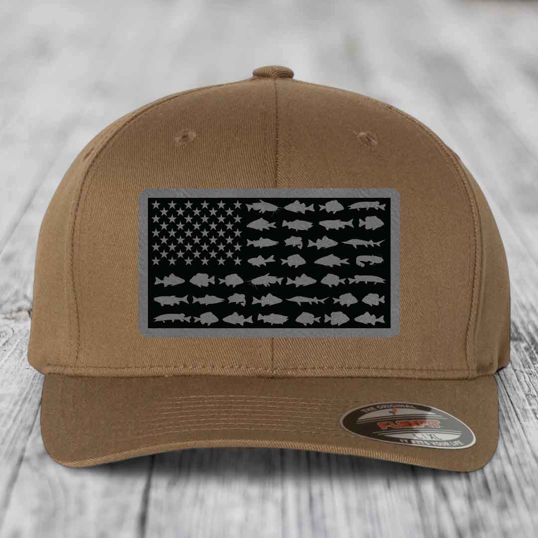 American Flag Freshwater Fish - Leather Patch Hat - Grey to Black Patch - Flexfit 6277 Fitted Hat