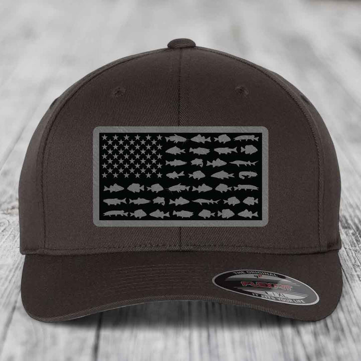 American Flag Freshwater Fish - Leather Patch Hat - Grey to Black Patch - Flexfit 6277 Fitted Hat