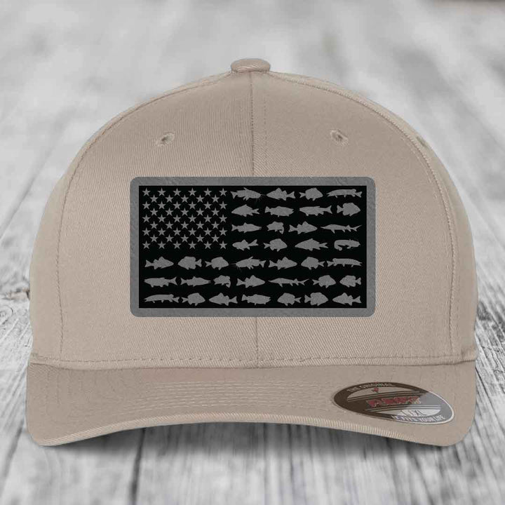 American Flag Freshwater Fish - Leather Patch Hat - Grey to Black Patch - Flexfit 6277 Fitted Hat