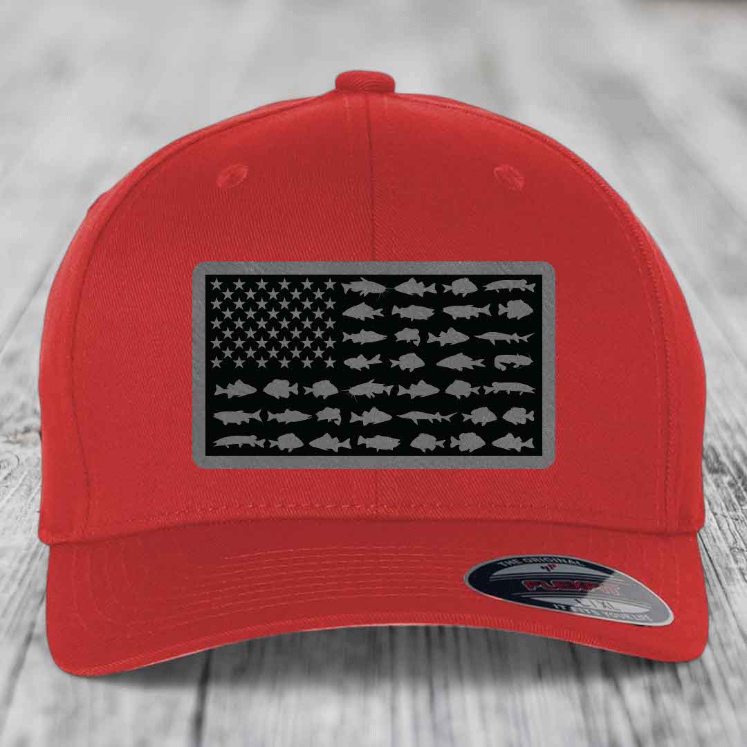 American Flag Freshwater Fish - Leather Patch Hat - Grey to Black Patch - Flexfit 6277 Fitted Hat
