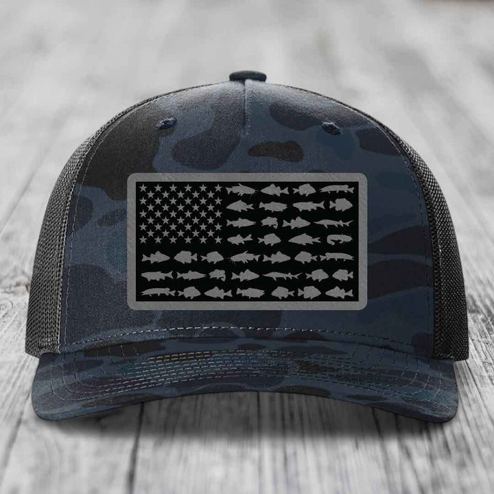 American Flag Freshwater Fish - Leather Patch Hat - Grey to Black Patch - Richardson 112PFP Snapback Trucker Hat
