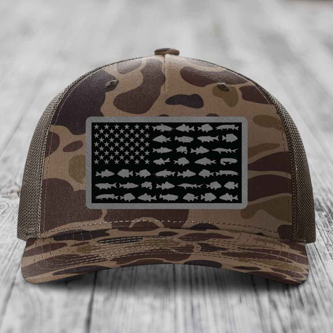 American Flag Freshwater Fish - Leather Patch Hat - Grey to Black Patch - Richardson 112PFP Snapback Trucker Hat