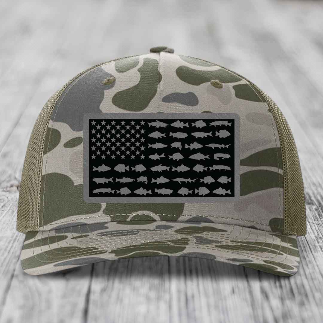 American Flag Freshwater Fish - Leather Patch Hat - Grey to Black Patch - Richardson 112PFP Snapback Trucker Hat