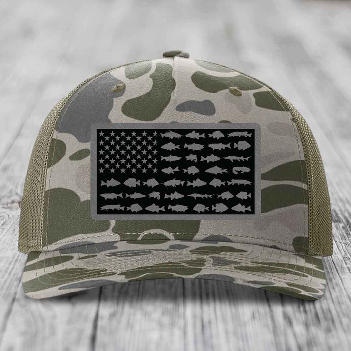 American Flag Freshwater Fish - Leather Patch Hat - Grey to Black Patch - Richardson 112PFP Snapback Trucker Hat