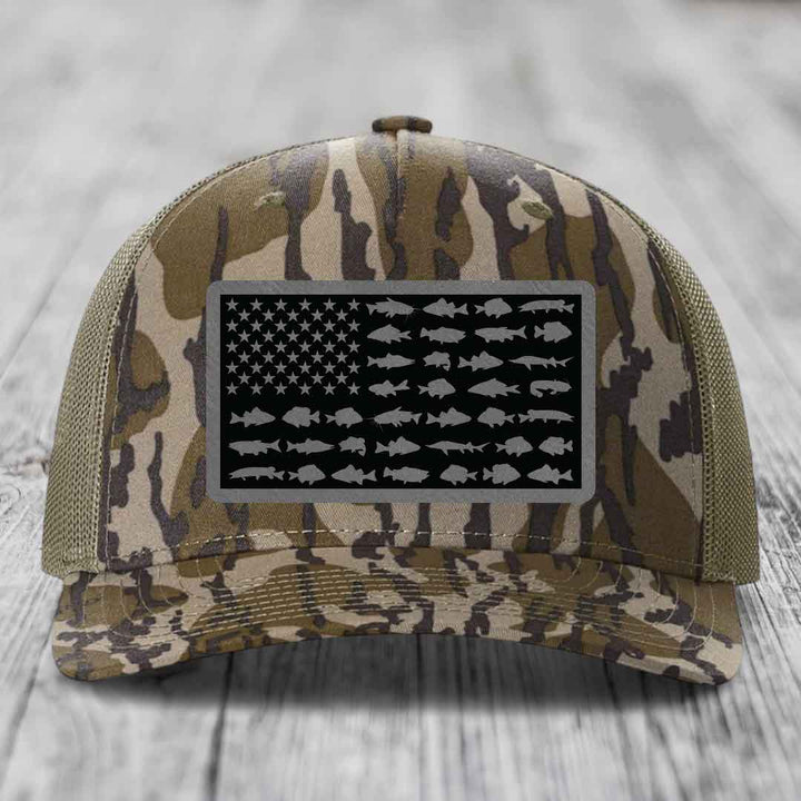 American Flag Freshwater Fish - Leather Patch Hat - Grey to Black Patch - Richardson 112PFP Snapback Trucker Hat