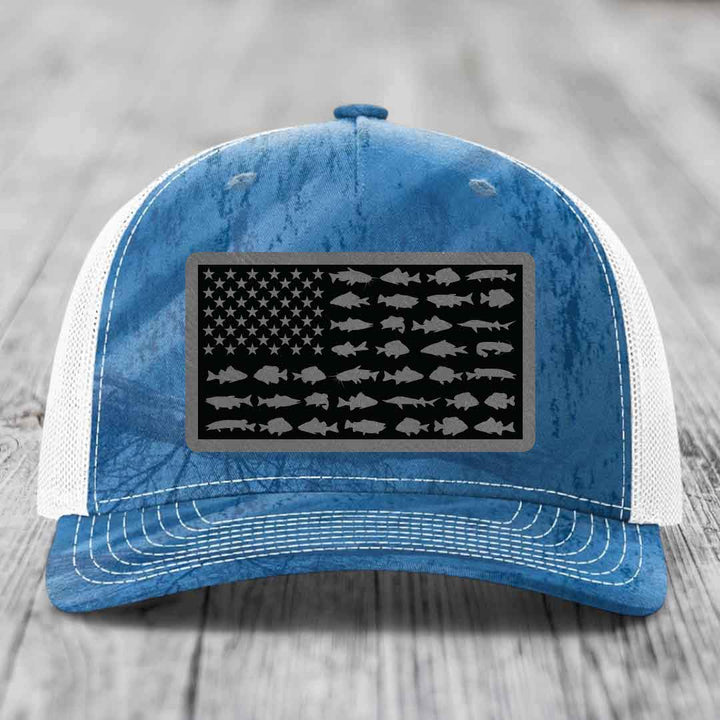 American Flag Freshwater Fish - Leather Patch Hat - Grey to Black Patch - Richardson 112PFP Snapback Trucker Hat