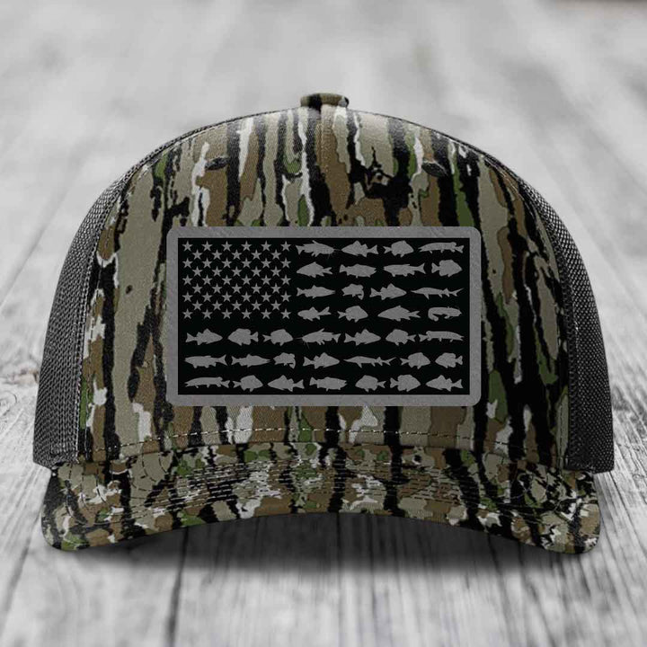 American Flag Freshwater Fish - Leather Patch Hat - Grey to Black Patch - Richardson 112PFP Snapback Trucker Hat