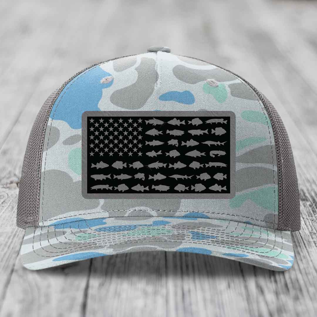 American Flag Freshwater Fish - Leather Patch Hat - Grey to Black Patch - Richardson 112PFP Snapback Trucker Hat