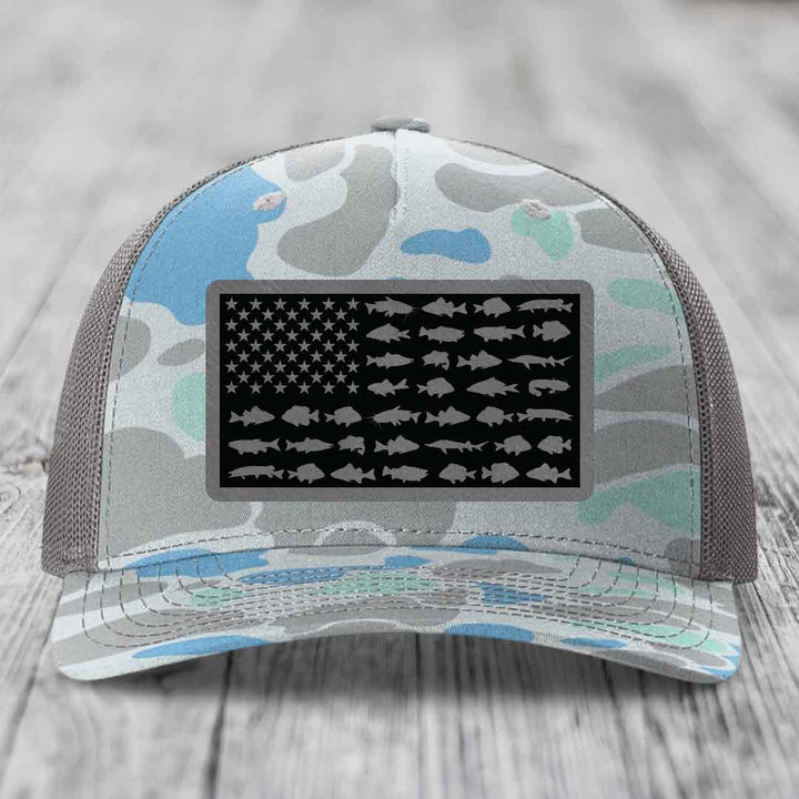 American Flag Freshwater Fish - Leather Patch Hat - Grey to Black Patch - Richardson 112PFP Snapback Trucker Hat