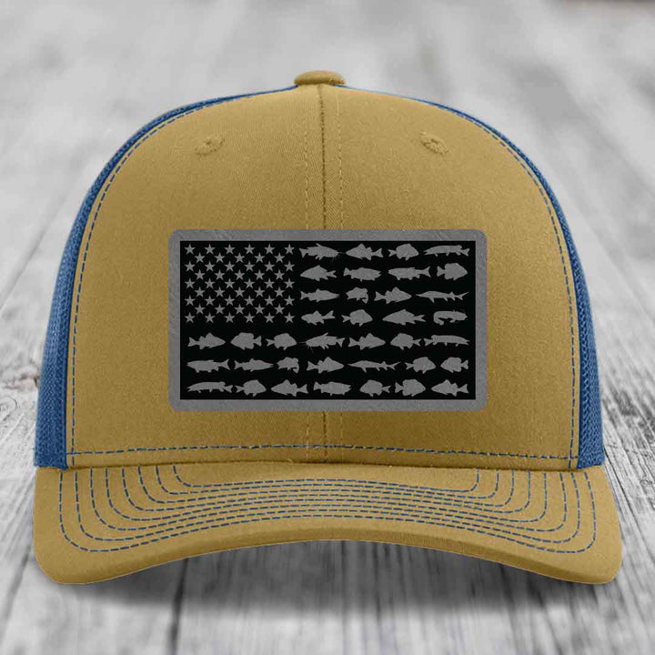 American Flag Freshwater Fish - Leather Patch Hat - Grey to Black Patch - Richardson 112 Snapback Trucker Hat