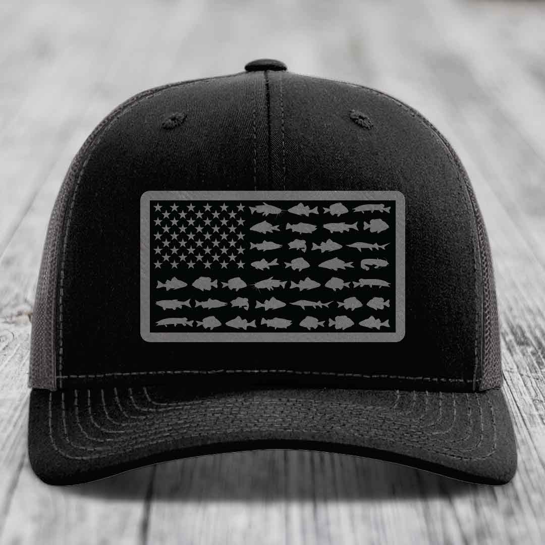 American Flag Freshwater Fish - Leather Patch Hat - Grey to Black Patch - Richardson 112 Snapback Trucker Hat