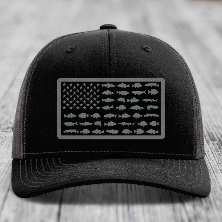 American Flag Freshwater Fish - Leather Patch Hat - Grey to Black Patch - Richardson 112 Snapback Trucker Hat