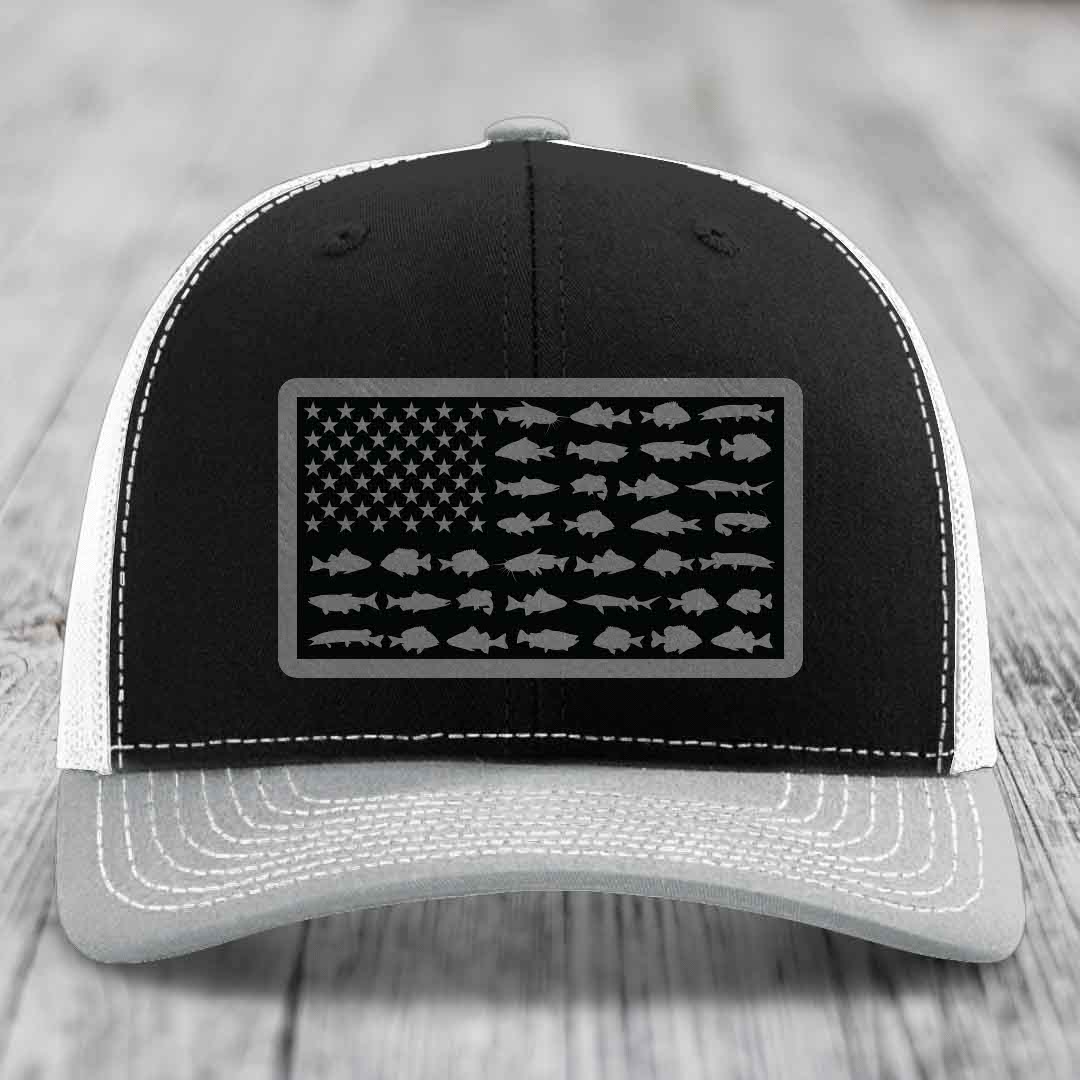 American Flag Freshwater Fish - Leather Patch Hat - Grey to Black Patch - Richardson 112 Snapback Trucker Hat