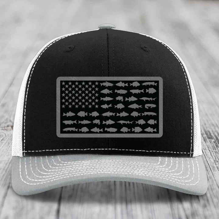 American Flag Freshwater Fish - Leather Patch Hat - Grey to Black Patch - Richardson 112 Snapback Trucker Hat