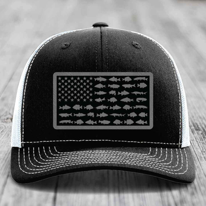American Flag Freshwater Fish - Leather Patch Hat - Grey to Black Patch - Richardson 112 Snapback Trucker Hat