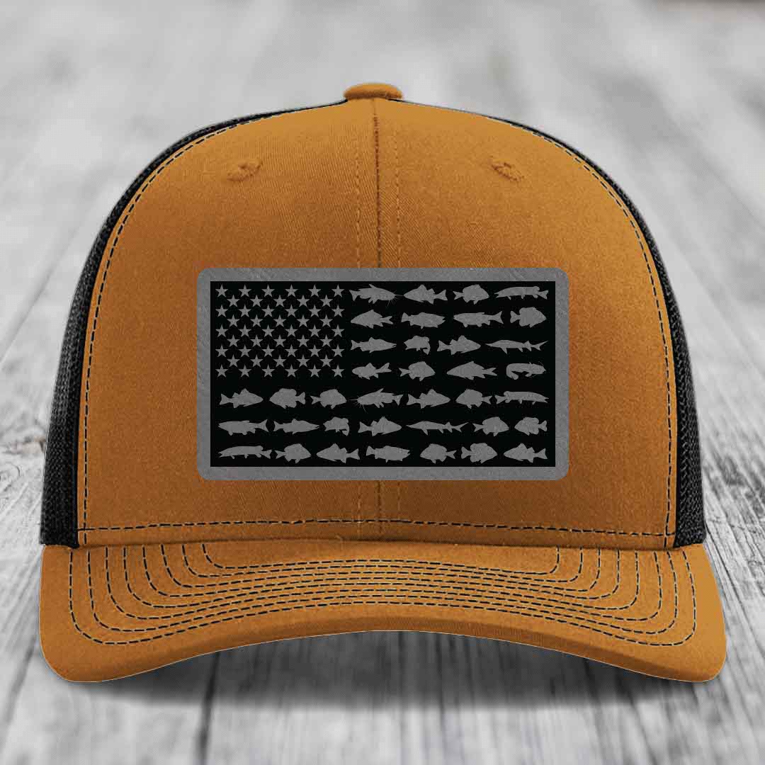 American Flag Freshwater Fish - Leather Patch Hat - Grey to Black Patch - Richardson 112 Snapback Trucker Hat