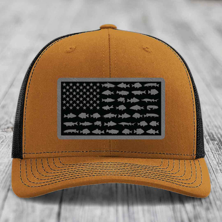 American Flag Freshwater Fish - Leather Patch Hat - Grey to Black Patch - Richardson 112 Snapback Trucker Hat
