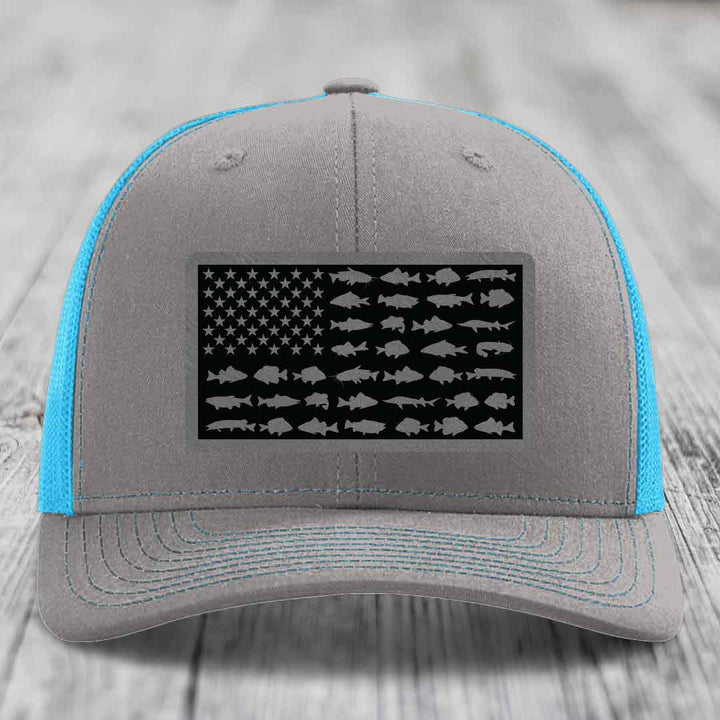 American Flag Freshwater Fish - Leather Patch Hat - Grey to Black Patch - Richardson 112 Snapback Trucker Hat