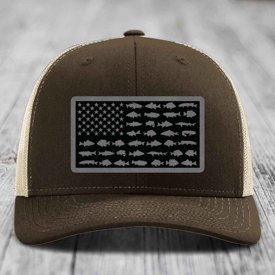 American Flag Freshwater Fish - Leather Patch Hat - Grey to Black Patch - Richardson 112 Snapback Trucker Hat