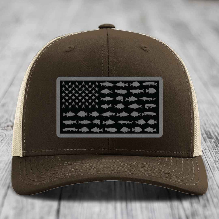 American Flag Freshwater Fish - Leather Patch Hat - Grey to Black Patch - Richardson 112 Snapback Trucker Hat