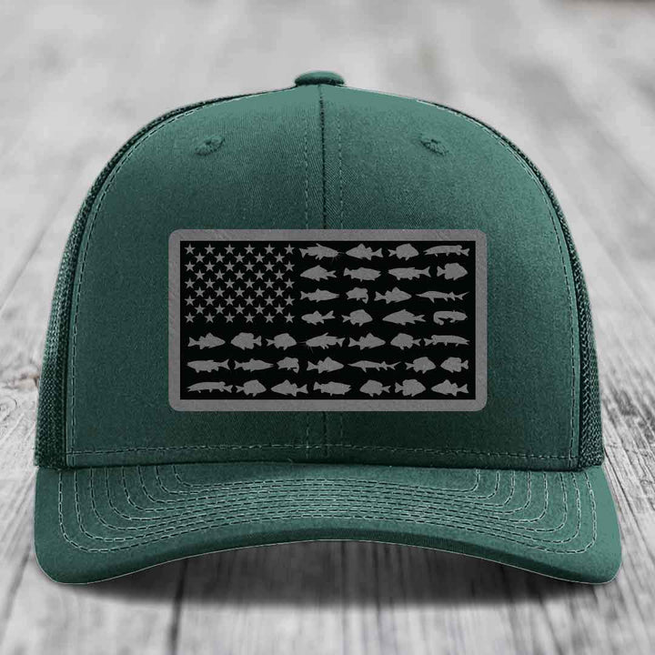 American Flag Freshwater Fish - Leather Patch Hat - Grey to Black Patch - Richardson 112 Snapback Trucker Hat