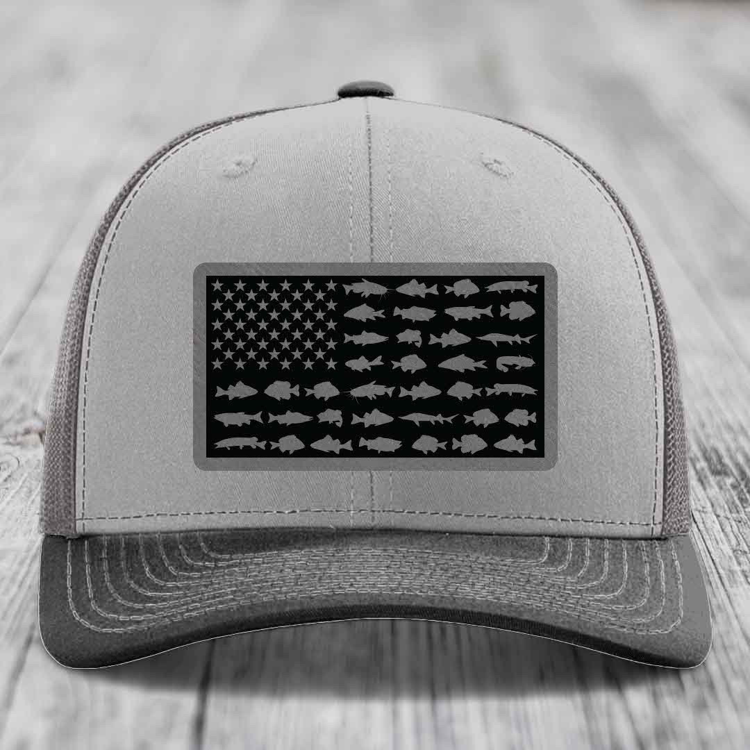 American Flag Freshwater Fish - Leather Patch Hat - Grey to Black Patch - Richardson 112 Snapback Trucker Hat