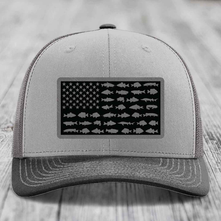 American Flag Freshwater Fish - Leather Patch Hat - Grey to Black Patch - Richardson 112 Snapback Trucker Hat