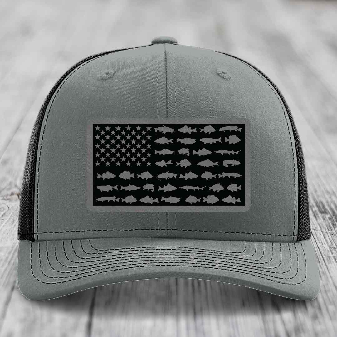 American Flag Freshwater Fish - Leather Patch Hat - Grey to Black Patch - Richardson 112 Snapback Trucker Hat