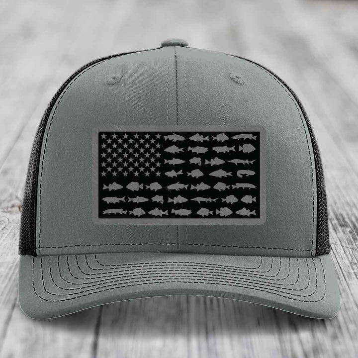 American Flag Freshwater Fish - Leather Patch Hat - Grey to Black Patch - Richardson 112 Snapback Trucker Hat