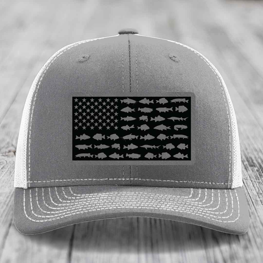American Flag Freshwater Fish - Leather Patch Hat - Grey to Black Patch - Richardson 112 Snapback Trucker Hat