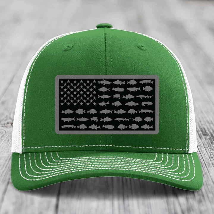 American Flag Freshwater Fish - Leather Patch Hat - Grey to Black Patch - Richardson 112 Snapback Trucker Hat