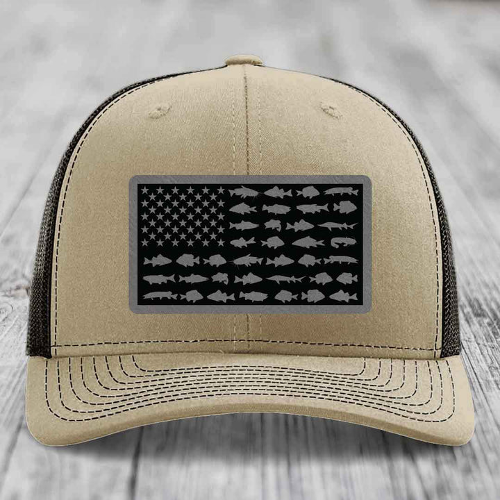 American Flag Freshwater Fish - Leather Patch Hat - Grey to Black Patch - Richardson 112 Snapback Trucker Hat