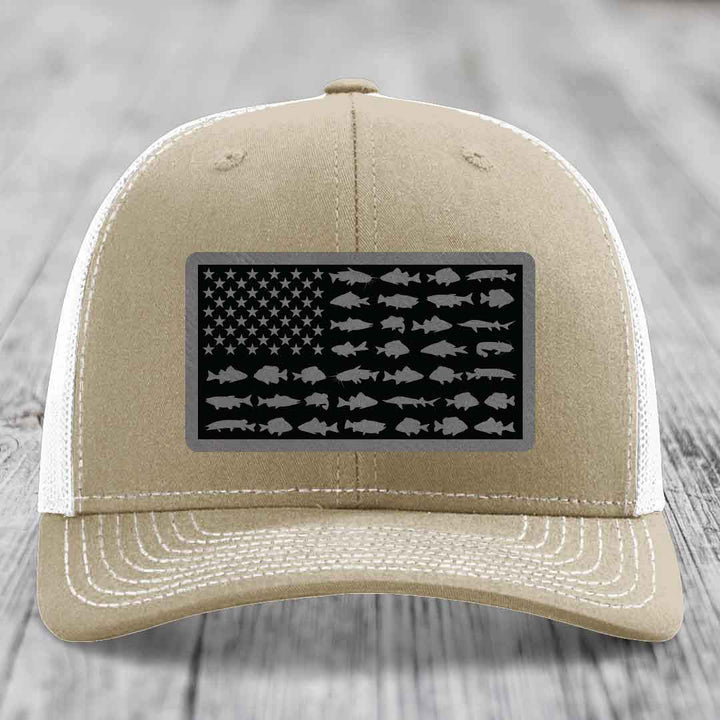 American Flag Freshwater Fish - Leather Patch Hat - Grey to Black Patch - Richardson 112 Snapback Trucker Hat