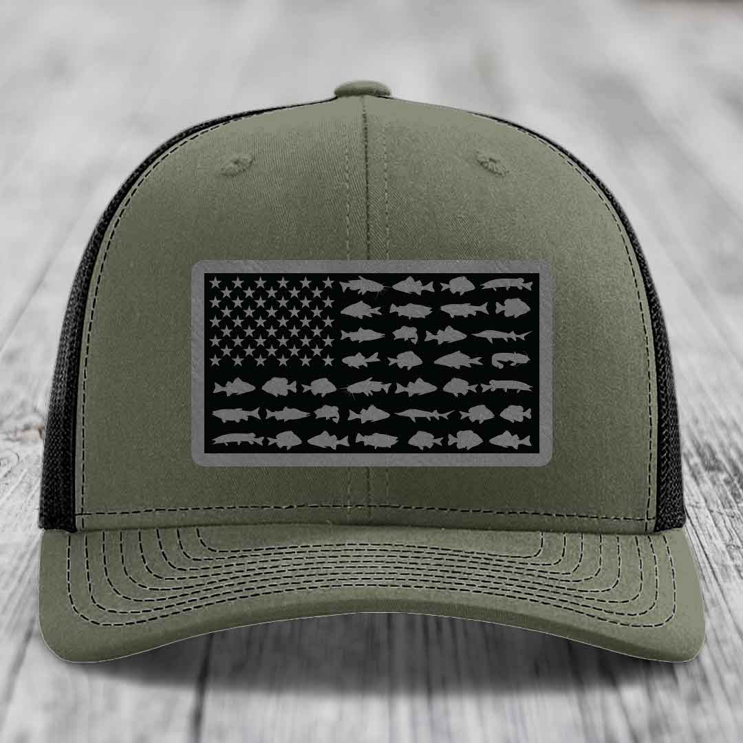 American Flag Freshwater Fish - Leather Patch Hat - Grey to Black Patch - Richardson 112 Snapback Trucker Hat