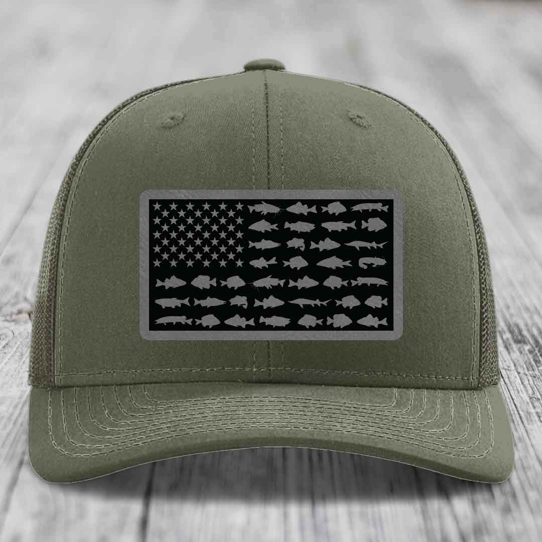 American Flag Freshwater Fish - Leather Patch Hat - Grey to Black Patch - Richardson 112 Snapback Trucker Hat