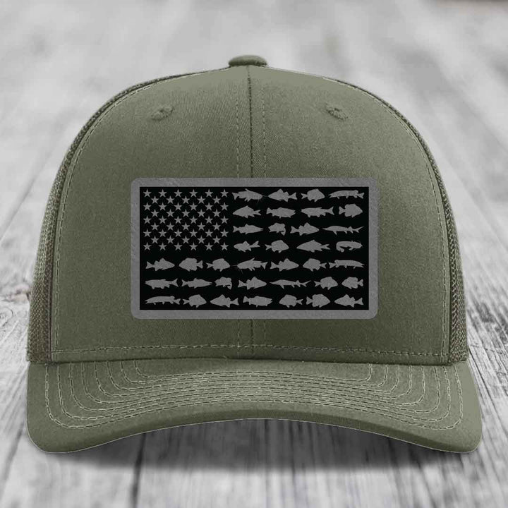 American Flag Freshwater Fish - Leather Patch Hat - Grey to Black Patch - Richardson 112 Snapback Trucker Hat