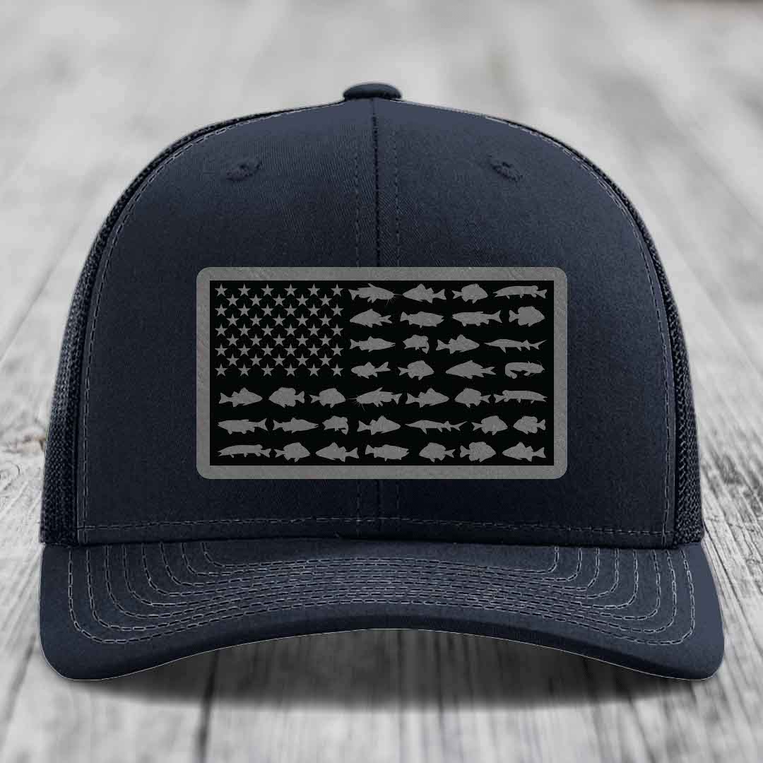 American Flag Freshwater Fish - Leather Patch Hat - Grey to Black Patch - Richardson 112 Snapback Trucker Hat