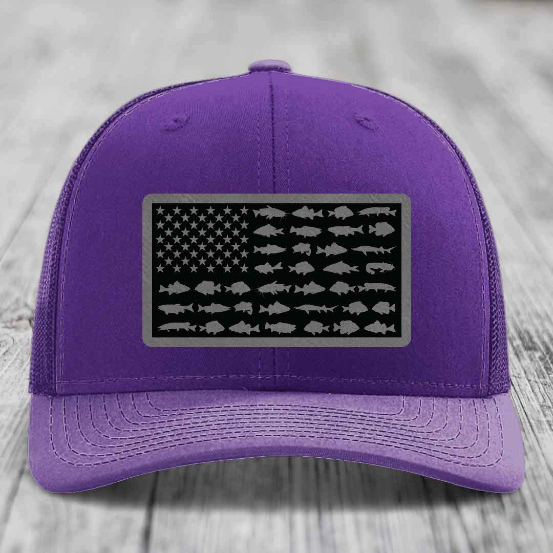 American Flag Freshwater Fish - Leather Patch Hat - Grey to Black Patch - Richardson 112 Snapback Trucker Hat