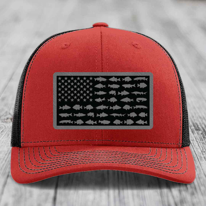 American Flag Freshwater Fish - Leather Patch Hat - Grey to Black Patch - Richardson 112 Snapback Trucker Hat